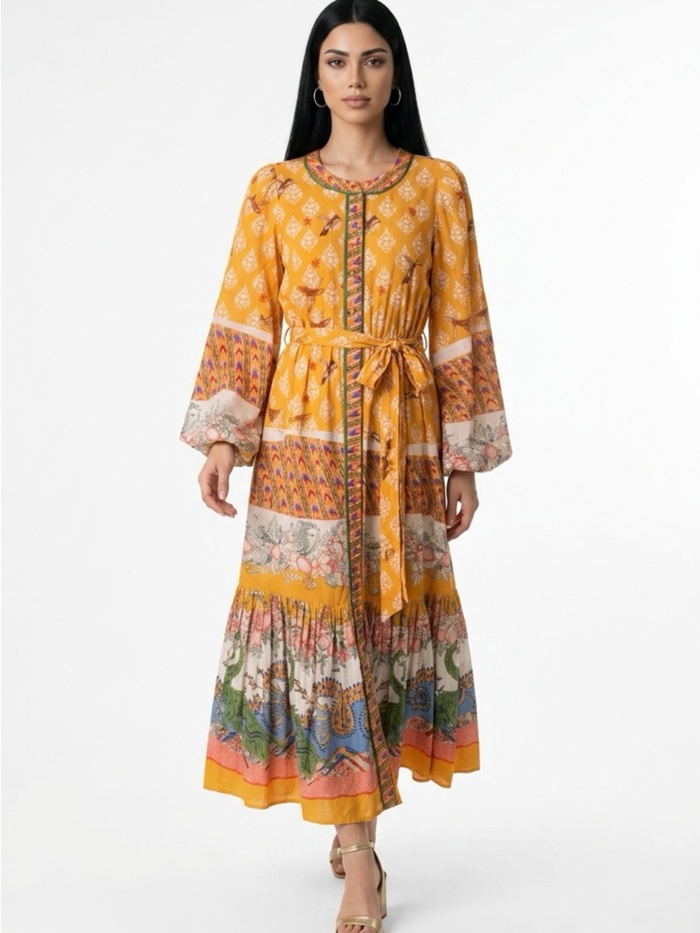 Boho Floral Tie-Waist Maxi Dress in Mustard